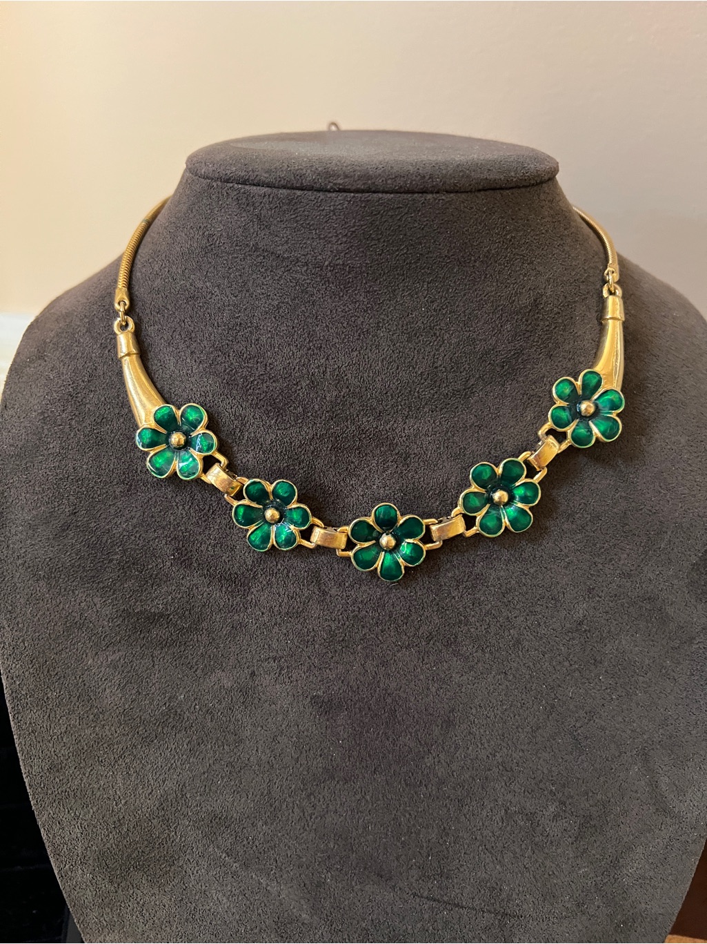 Vintage Gold And Green Enamel Floral Snake Necklace/Choker
